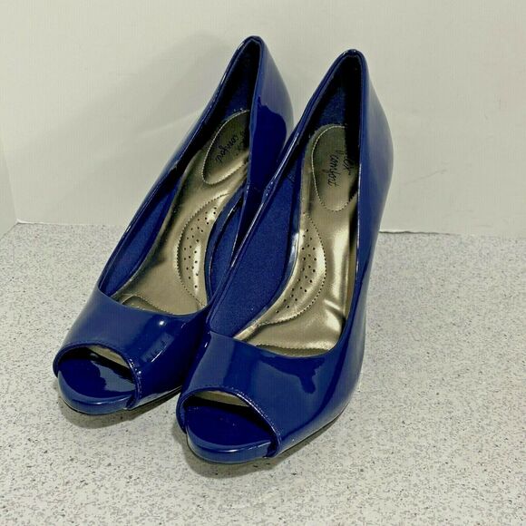 Dexflex Comfort high heel platform pumps US 9.5M blue patent open toe shoes - Picture 9 of 9